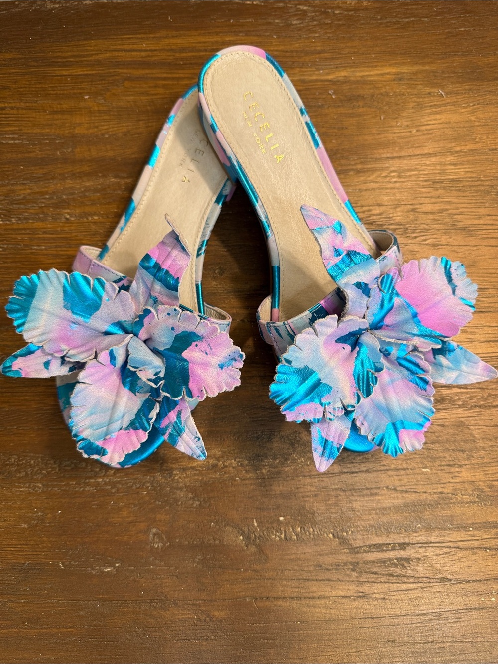 Cecelia New York Lila Metallic Leather Flower Slide Sandal